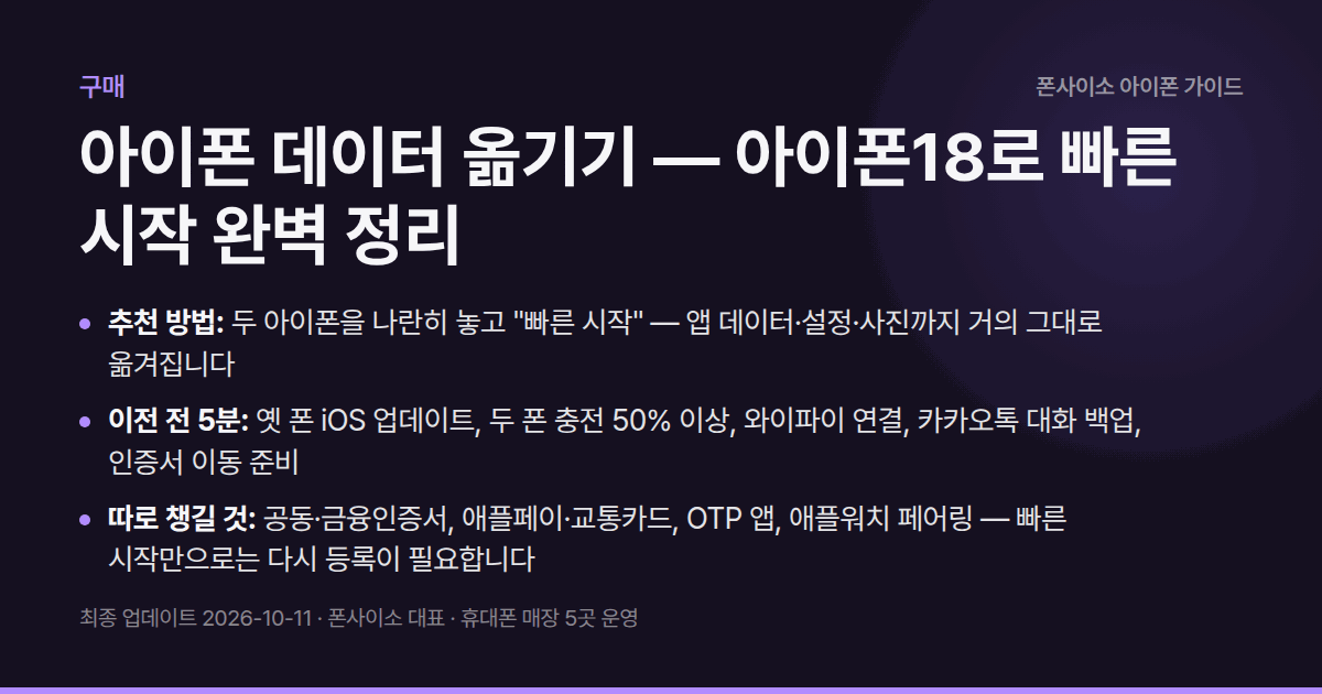 아이폰 데이터 옮기기 — 아이폰18로 빠른 시작 완벽 정리 — 빠른 시작 vs iCloud vs 유선 비교, 이전 전 체크 5개, 따로 챙길 항목표, 멈췄을 때 해결법.