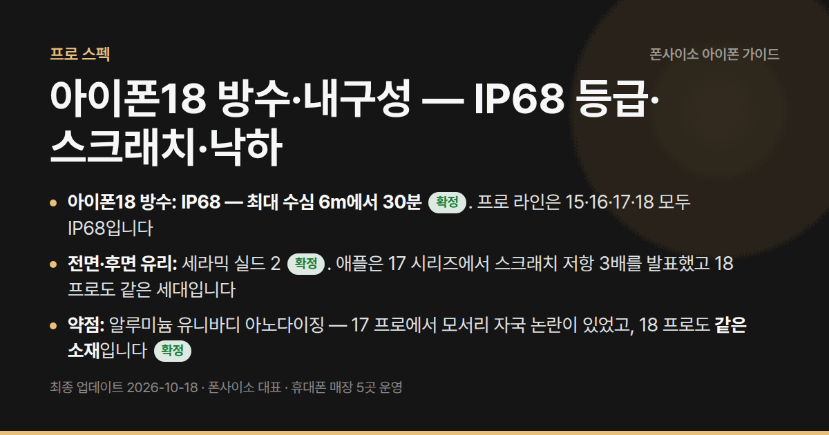 아이폰18 방수·내구성 — IP68 등급·스크래치·낙하 — IP68 확정, 세라믹 실드 2, 알루미늄 스크래치 논란, 침수 시 하면 안 되는 것.