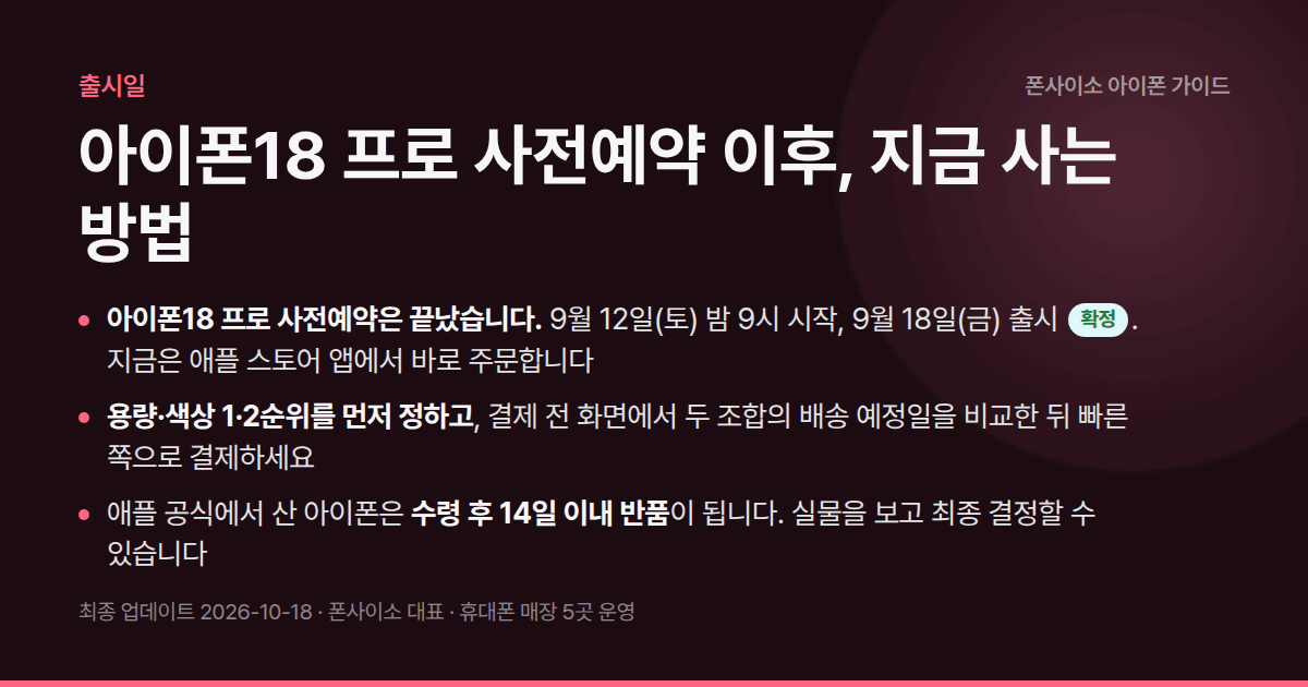 아이폰18 프로 사전예약 이후, 지금 사는 방법 — 사전예약 종료. 지금은 애플 앱 6단계 구매, 용량·색상 체크리스트, 늦을 때 대응.